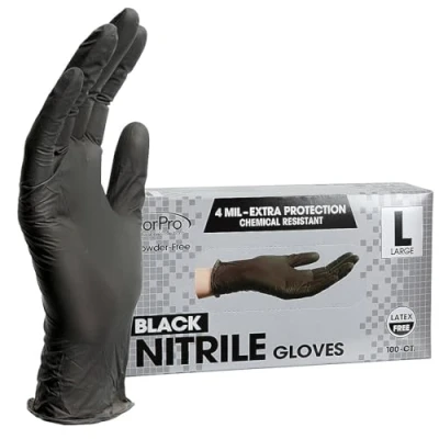 Abbildung von ForPro Einweg Nitrilhandschuhe, chemikalienbeständig, puderfrei, latexfrei, unsteril, lebensmittelecht, 4 mil, schwarz, groß, 100 Stück
