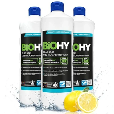 Abbildung von BiOHY Glas und Oberflächenreiniger (3 x 1 Liter) Glasreiniger Konzentrat für streifenfreien Glanz ergiebiger &amp; Kunststoffreiniger Fettlöser Kalkreiniger ideal Fenster Küche