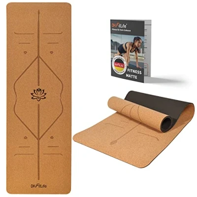 Abbildung von DH FitLife Yogamatte aus hochwertigem Kork &amp; TPE, Gymnastikmatte 183 x 61 0,6 cm (naturfreundliche und rutschfeste Fitnessmatte, Korkmatte dicker mit Orientierungslinien), hautverträglich, leicht tragbar