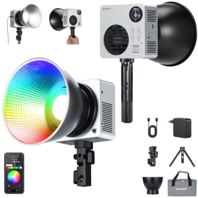 Abbildung von NEEWER 80W RGBWW LED Videoleuchte mit 72Wh Akku 100W PD Schnellladegerät APP/2,4G Steuerung,10400Lux/m 2500K 7500K Mini RGB Bowens Halterung Studiofotografie Aufnahme Dauerlicht Beleuchtung HB80C