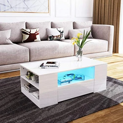 Abbildung von Wohnzimmer Beistelltisch mit Stauraum 5 Offene Fächer 2 Schubladen LED Beleuchtung Holz Rechteckig Hochglanzoberfläche Couchtisch Kaffeetisch Wohnzimmertisch Sofatisch (Weiß LED)