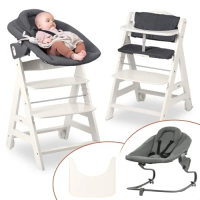Abbildung von hauck Hochstuhl Beta+ Newborn Set Premium Babyhochstuhl ab Geburt mit Neugeborenen Aufsatz Bouncer, Sitzpolster und Essbrett White Dark Grey
