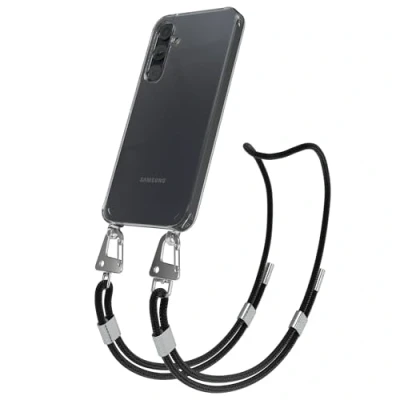 Abbildung von EAZY CASE Handykette mit Karabiner kompatibel Samsung Galaxy A35 Hülle Silikon Fallschutz transparente Handyhülle für Kette zum Umhängen Schutzhülle in Schwarz Clips Silber