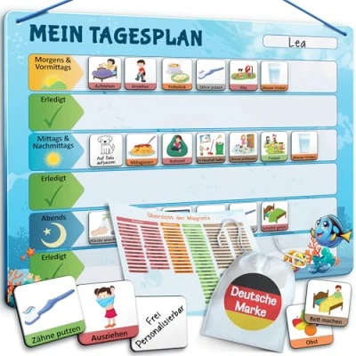 Abbildung von LIKARTO Routine Planer Kinder [DAS ORIGINAL] Montessori Magnettafel inkl. 147 Magnete &amp; Magnetischer Rückseite Tagesplaner Lernhilfe zur Selbstständigkeit Tagesplanung Blau