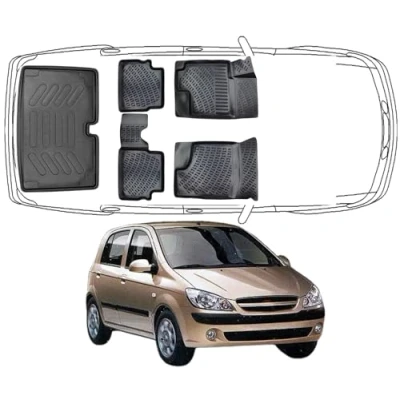 Abbildung von Trimak Passgenau 3D Fussmatten &amp; Kofferraumwanne Auto Set Kompatibel mit Hyundai Getz Allwetter Zubehör Gummimatten Autos TPE Geruchlos rutschfest