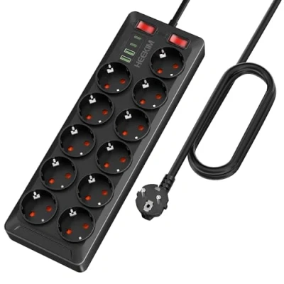 Abbildung von Steckdosenleiste mit USB, 11 Fach Mehrfachsteckdose Schalter 2 USB A und C Ports, 4000W 16A, Schaltern für Haus, Schule, Büro, 2M Verlängerungskabel Schwarz