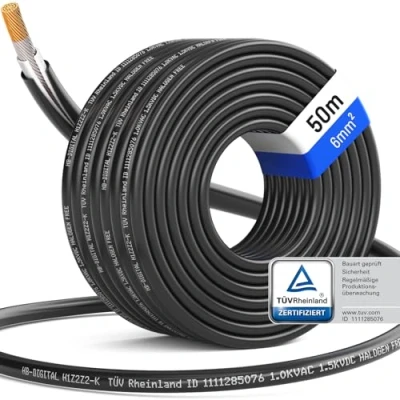 Abbildung von HB DIGITAL 50m Solarkabel H1Z2Z2 K TÜV Rheinland zertifiziertes 6mm² flexibel UV witterungsbeständig PV Kabel reines Kupfer 1500V DC für Solarpanel Wechselrichter Photovoltaik Schwarz