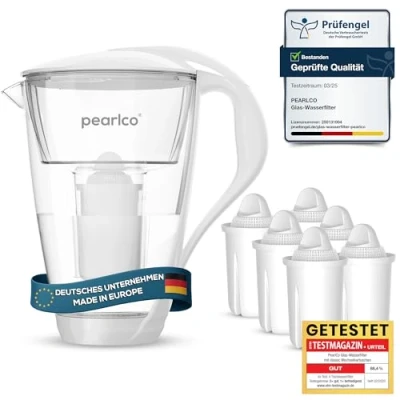 Abbildung von PearlCo Glas Wasserfilter (weiß) Glaskanne mit 6 Classic Filterkartuschen Reduzierung von Kalk &amp; Schwermetall Schützt Geräte Besserer Geschmack Kaffee Tee Made in EU