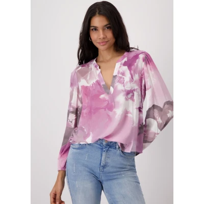 Abbildung von Monari Langarmbluse Bluse Blumendruck allover Mit V Ausschnitt