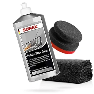Abbildung von detailmate SONAX Hand Polier Set Polish+Wax Color Silber/grau 500ml + Handpolierschwamm Puck im Verbundaufbau hart Ø90/50mm Edgeless Superflausch Mikrofaser Poliertuch 550GSM