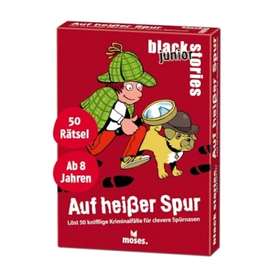 Abbildung von moses. Black Stories junior Auf heißer Spur 50 Rätsel mit kniffligen Kriminalfällen für kleine Detektive, Kartenspiel Spielvariante und Punktechips, Rätselspiel Kinder ab 8 Jahren