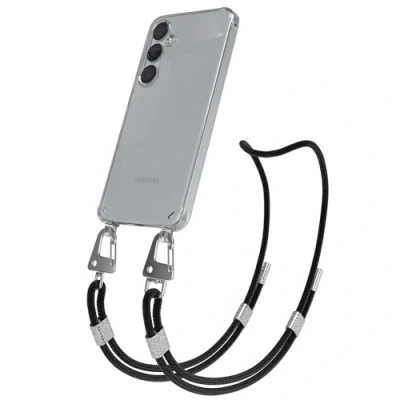 Abbildung von EAZY CASE Handykette mit Karabiner kompatibel Samsung Galaxy S24 Plus Hülle Silikon transparente Handyhülle für Kette zum Umhängen Schutzhülle in Schwarz Clips Silber