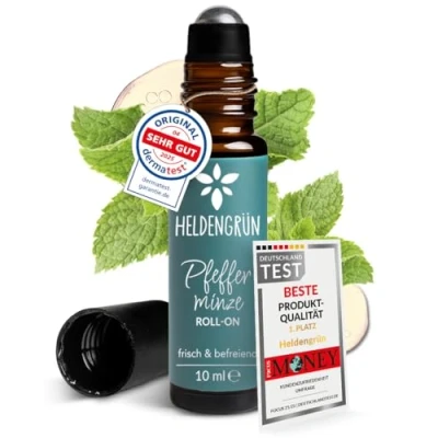 Abbildung von Heldengrün® BIO Roll On Pfefferminze &quot;Kopfklar&quot; [100% NATURREIN] Bei Kopfschmerzen Dermatologisch getestet Pfefferminzöl mit Jojoba &amp; Mandelöl