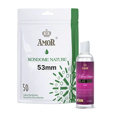 Abbildung von Vibratissimo Play Gel med 250 ml &amp; AMOR Kondome Nature 50er Pack I Wasserbasiertes Gleitgel 53mm breit Lubricant für Toys Latexkondome gefühlsecht hauchzart