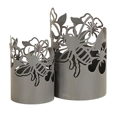 Abbildung von levandeo 2er Set Windlicht Blumen H18 24cm Grau Metall Laterne Gartenleuchte Biene Kerzenhalter Garten Deko Betonoptik