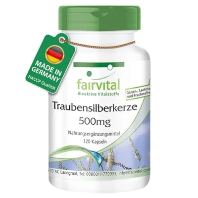 Abbildung von Fairvital Traubensilberkerze Kapseln 5000mg 120 HOCHDOSIERT mit 500mg Extrakt 10:1 pro Kapsel Black Cohosh VEGAN Cimicifuga Racemosa