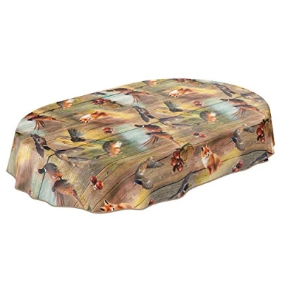 Abbildung von ANRO Wachstuch Tischdecke abwaschbar Wachstuchtischdecke Wachstischdecke Jagt Wild Jäger Motiv Holz Oval 280x140cm mit Saum Eingefasst