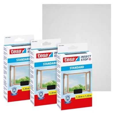 Abbildung von tesa Insect Stop Standard Fliegengitter für Fenster im 3er Pack Insektenschutz zuschneidbar Mückenschutz ohne Bohren 3 x Fliegen Netz anthrazit 1,3m:1,5m