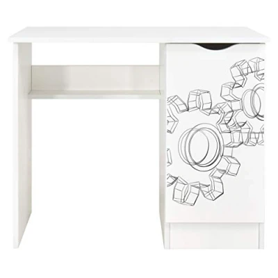 Abbildung von Leomark Weiß Kinderschreibtisch Roma Gemütlich Schreibtisch für Kinder mit Regal, Computertisch, Möbel Kinderzimmer, Höhe: 77 cm (UV Druck: Kettenräder)