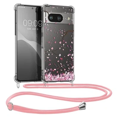 Abbildung von kwmobile Necklace Case kompatibel mit Google Pixel 8 Hülle Silikon Cover Handykette Rosa Dunkelbraun Transparent Kirschblütenblätter
