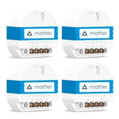 Abbildung von Meross WLAN Schalter Matter (Nullleiter Erforderlich) Energieüberwachung und Simple Setup (MSS), Smart Relais Unterputz Kompatibel mit Apple Home/Alexa/Google Home, Fernbedienung, 4 Stück