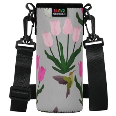 Abbildung von Nuovoware Trinkflaschenhalter, Premium Neopren Tragbare Isolierte Trinkflaschenhalter Tasche mit Verstellbarem Schultergurt, Edelstahl, Glas / Plastikflaschen, Großformat, Bunte Tulpen