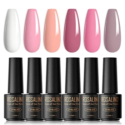Abbildung von ROSALIND UV Nagellack Pastell, 6 Farben Mini Gel Set Weiß Rosa Rose Rot Lila Shellac Soak Off LED Nail Polish French Manicure für Frauen Mutter Geschenkset DIY zu Hause