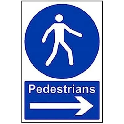 Abbildung von vsafety 43016 au s Pflicht Allgemeine Schild, selbstklebend, Fußgänger/Pfeil rechts, Portrait, 200 mm x 300 mm, blau