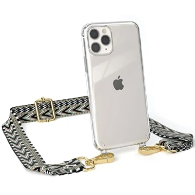 Abbildung von EAZY CASE Handykette Verstellbarer Trageriemen kompatibel mit iPhone 11 Pro, Schulterriemen, schmales Band, Handykordel, Riemen für Handyketten, Grün/Schwarz Metall Gold