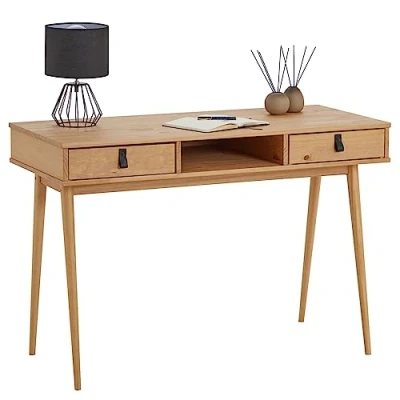 Abbildung von IDIMEX Schreibtisch Kim aus Kiefer Massivholz in braun, Arbeitstisch mit 2 Schublade im Scandi Look, Bürotisch 1 offenem Fach und konischen Füßen
