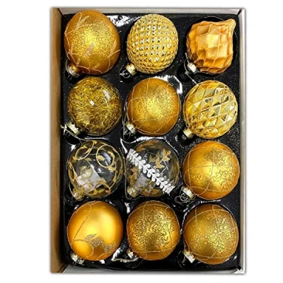 Abbildung von HAC24 12 Set Glas Weihnachtskugeln Handbemalt Christbaumkugeln Weihnachtsbaumkugeln Echtglas Weihnachtsbaumschmuck (Gold)