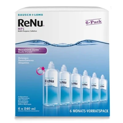 Abbildung von Bausch + Lomb ReNu MPS Kontaktlinsenpflegemittel weiche Linsen, 6 Monatspack, x 240 ml Linsenbehälter