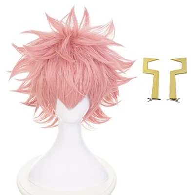 Abbildung von HIROAKIYA Pinky Mina Ashido Wig, MHA My Hero Academia Cosplay Wig with Clip Horns Cap