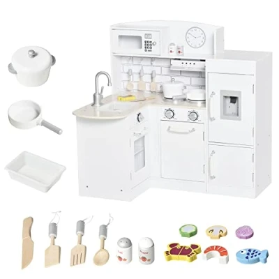 Abbildung von HOMCOM Spielküche mit elektronischem Wasserspender, Mikrowelle und Kühlschrank Kiefernholz, MDF, für Kinder ab 3 Jahren, Weiß