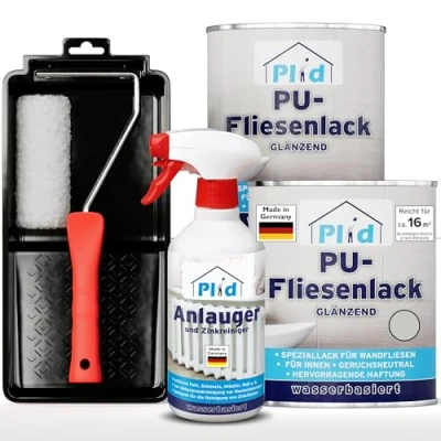 Abbildung von plid Fliesenlack Premium Fliesen Lack Fliesenfarbe Anlauger Lackierset, schnelltrocknend, spritzwasserbeständig, verarbeitungsfertig