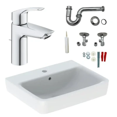 Abbildung von HGMBAD Geberit Waschtisch Waschbecken 55 cm Armatur Siphon Eckventil Komplettset