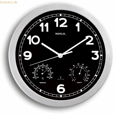 Abbildung von Maul Wanduhr MAULdrive Ø 30cm stilvolle Uhr mit schwarzem Ziffernblatt inkl. Thermometer und Hygrometer automatische Zeiteinstellung ideal für Büro, Zuhause Besprechungsraum Silber