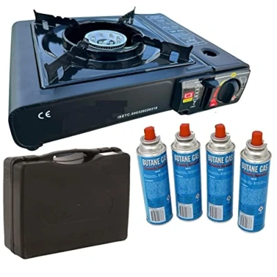Abbildung von SENA Camping Gaskocher mit 4 Gaskartuschen Campingkocher 1 flammig max. Leistung 2,5 KW