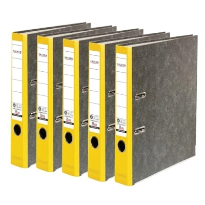 Abbildung von Original Falken 5er Pack Recycling Ordner Wolkenmarmor. Made in Germany. 5 cm schmal DIN A4 gelber Rücken Ringordner Aktenordner Briefordner Büroordner Pappordner CO2 Neutral Blauer Engel
