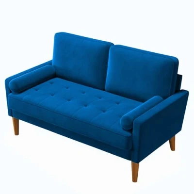 Abbildung von Vesgantti Couch 2 Sitzer, Samt Kleines Sofa mit Wurfkissen, Modern Mini Sofa, Getuftetes Kleine für Wohnzimmer/Schlafzimmer/Büro/Wohnung, 121x 77 x 87cm, Blau
