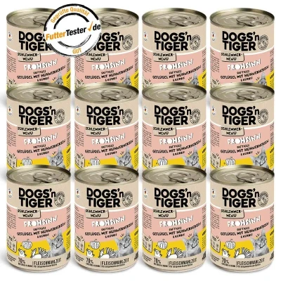 Abbildung von Dogs&#039;n Tiger Schlemmermenü Frohsinn, Katzennassfutter mit Huhn und Kürbis ohne Getreide, Zuckerzusatz, künstliche Konservierungsstoffe, optimale Verträglichkeit, 12x 400g