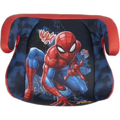Abbildung von Marvel SpiderMan KindSitzerhöhung i Size ECE R129 mit ISOFIX Befestigungen. Autokindersitz für Sicherheit Kindern Körpergröße 125 150 cm. Sitzerhöhung Grafiken von auf blau Hintergrund.