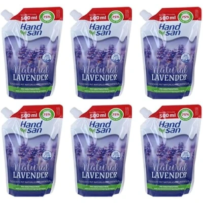 Abbildung von 6x Handsan Handwaschlotion &quot;Lavender&quot; im Nachfüllbeutel feuchtigkeitsspendende, 500ml (6er Pack)