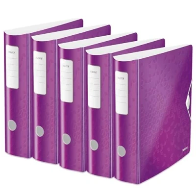 Abbildung von Leitz Qualitäts Ordner 180 Active WOW, 5er Pack, A4, breit, Abgerundeter Rücken, 8,2 cm Gummibandverschluss, Leichtes Polyfoam, Plastik Ordner, WOW Serie, Violett, 11060062