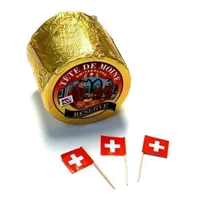 Abbildung von Tete de Moine Reserve ca 800g ganzer Laib für Girolle AOC Switzerland Mönchskopfkäse und 3 schweizer Fähnchen