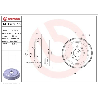 Abbildung von BREMBO 14.E965.10 Bremstrommel ohne Radlagersatz 200,1mm CHEVROLET: Aveo / Kalos Schrägheck, Limousine