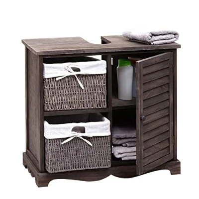 Abbildung von Mendler Waschbeckenunterschrank HWC H20, Badezimmer Waschtisch, Massiv Holz Korb Schublade 60x65x31cm Shabby grau braun