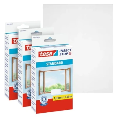 Abbildung von tesa Fliegengitter Gewebe Insect Stop Standard für Fenster, (Spar Set, 3 St., Fliegennetz, Klettband), Fliegenetz ohne Bohren zuschneidbar je 1.3 m : 1.5 m, weiß