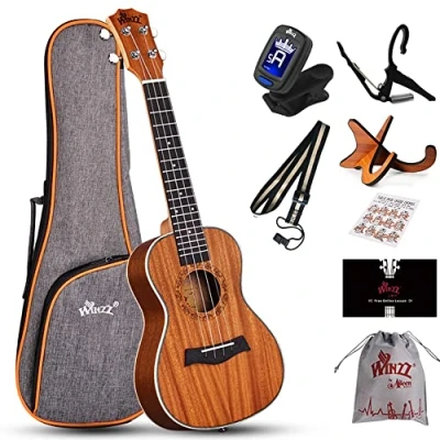 Abbildung von Winzz Ukulele Erwachsene Konzert, Kinder 23 Zoll, Anfänger Set mit Ukuleleständer et Kapodaster (Mahagoni,Matt)