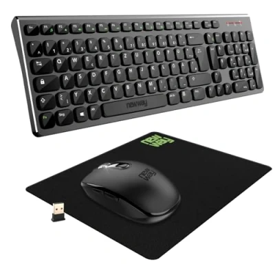 Abbildung von NEWWAY 2024 Neu RF02 Wireless 2,4 GHz Tastatur Maus Pack mit Matte Deutsche Tasten (QWERTZ) 105 13 Multimedia Tastenkombinationen 6 USB Empfänger Schwarz